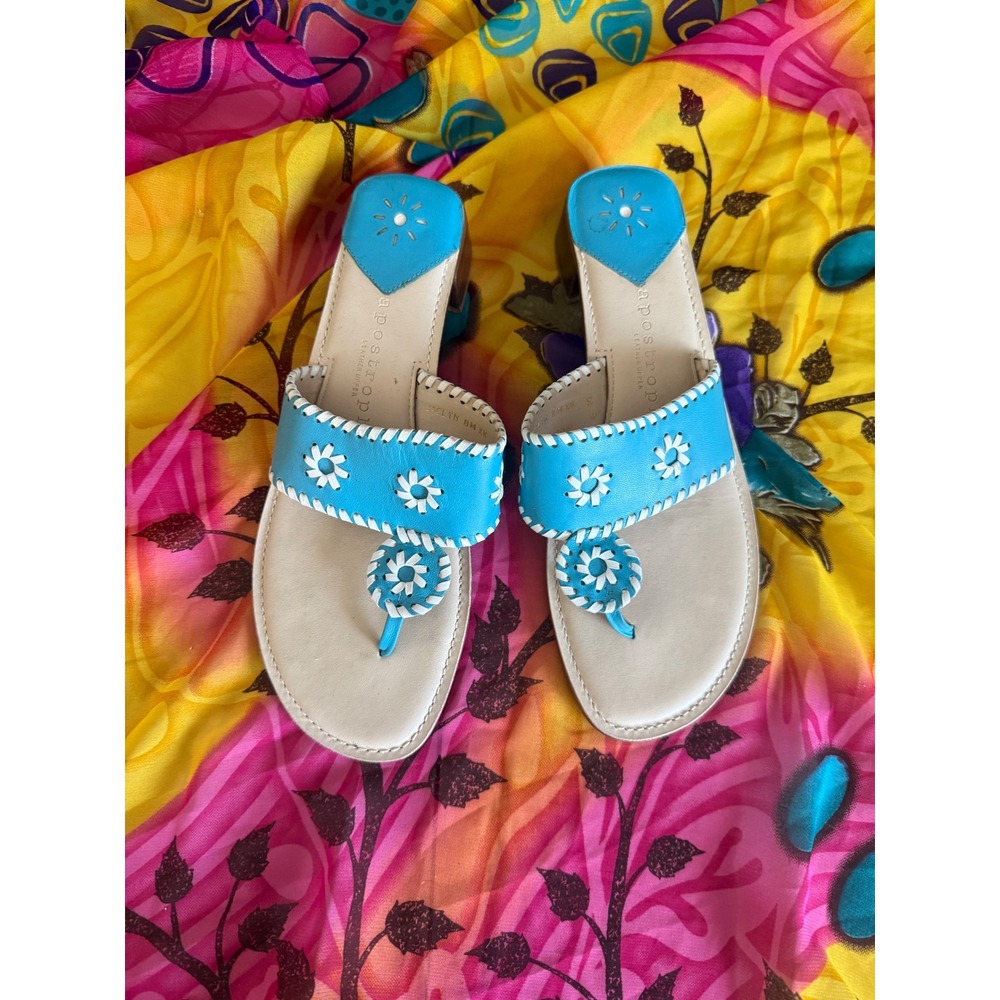 Apostrophe Jaclyn Turquoise Leather Whipstitch Block Heel Sandals Womens 8M Blue